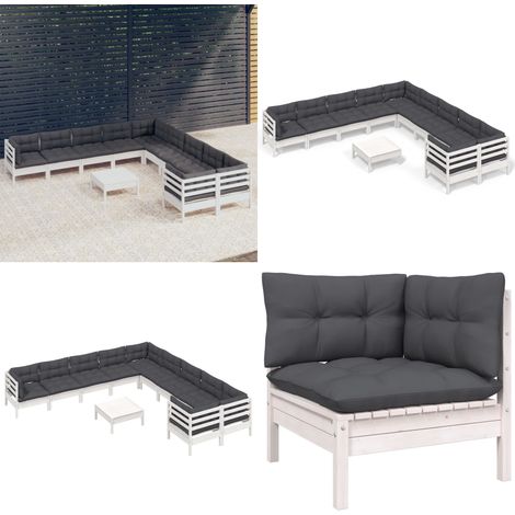 11-tlg. Garten-Lounge-Set mit Kissen Weiß Kiefernholz - Gartengeräte - Lounge Set - Gartenmöbel - Outdoor Möbel - Kiefernholz - Home & Living