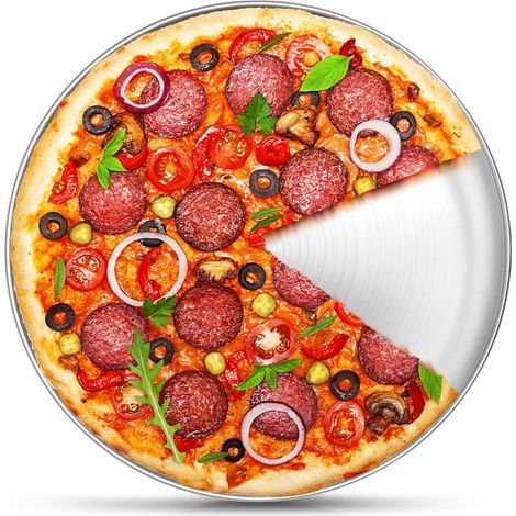 Plaque à pizza ronde de 34 cm (13½ pouces), en acier inoxydable, idéale pour la cuisson, le service et le rôtissage. Non toxique et saine, robuste et durable. (1/5)