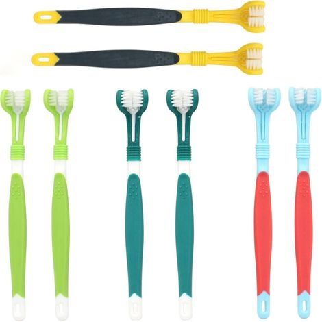 Kit de 8 brosses à dents pour chiens à 3 faces et manche long, pour le soin dentaire des animaux de compagnie.
