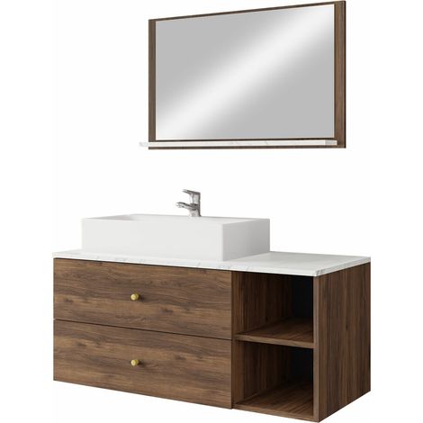 Conjunto de mueble de baño Salus I, Nogal + Mármol blanco