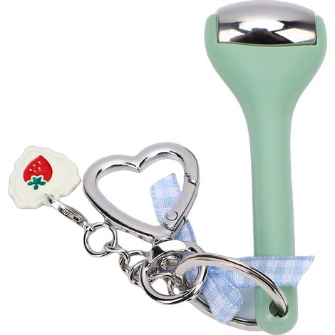 Mini rouleau de glace pour le visage et les yeux, réduit les poches, outil de soin du visage avec tête en acier inoxydable et porte-clés vert (1/5)
