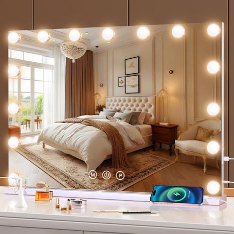 Miroir de courtoisie avec lumières, 58 x 48 cm, miroir de maquillage avec lumières, ports de sortie USB et de type C, 3 modes de couleur, contrôle tactile intelligent, miroir de (1/5)