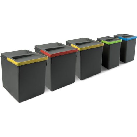 Poubelles pour tiroir de cuisine avec couvercle anti-odeurs, Compartiments de Recyclage pour Base à Couper, H 266 mm (3 x 15 L + 2 x 7 L), Plastique gris anthracite (1/5)