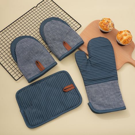 Ensemble de moufles et de porte-poignets de four haut de gamme - 4 pièces Résistant à la chaleur jusqu'à 250 °C, antidérapant, lavable Élégant pour la cuisine, la cuisson et le barbecue
