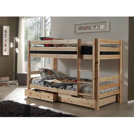 SLEEPY - Lit Superposé H140 en Pin Naturel 90x200cm avec 2 Tiroirs (1/3)