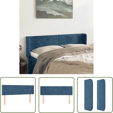 The Living Store Tête de lit avec oreilles Bleu foncé 147x16x78/88 cm Velours - Tête De Lit - Literie - Meuble Chambre - Velours - Têtière Lit (1/5)