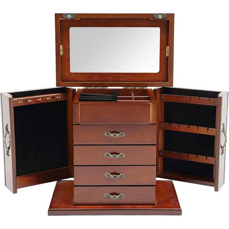 Boîte à bijoux en bois à 5 étages avec miroir - Boîte de rangement multifonction pour bagues, boucles d'oreilles et bracelets