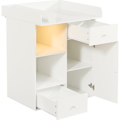 CAIziCommode à langer blanche, avec éclairage LED réglable (couleur et luminosité), 2 tiroirs, grand espace de rangement, espace à langer avec séparateurs