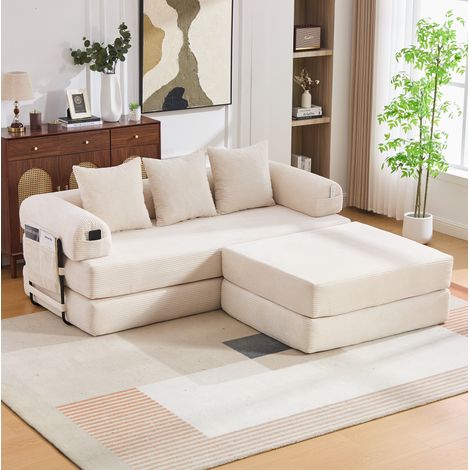 Divano modulare in ciniglia beige con pouf, struttura metallica, 3 cuscini e tasca laterale (1/5)