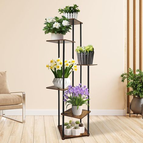 Support de fleurs d'intérieur en métal de six étages, support de pot de fleur d'angle, peut contenir une variété de plantes, présentoir de plantes multicouches en bois, adapté au salon, à la chambre,  (1/5)