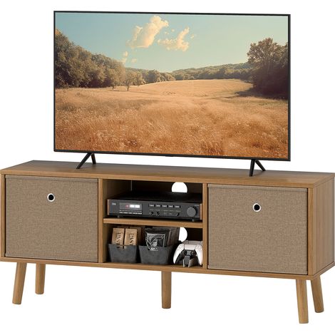 Meuble TV Jusqu'à 50 Pouces, 2 Tiroirs en Tissu, Étagères Ouvertes, Bois Marron