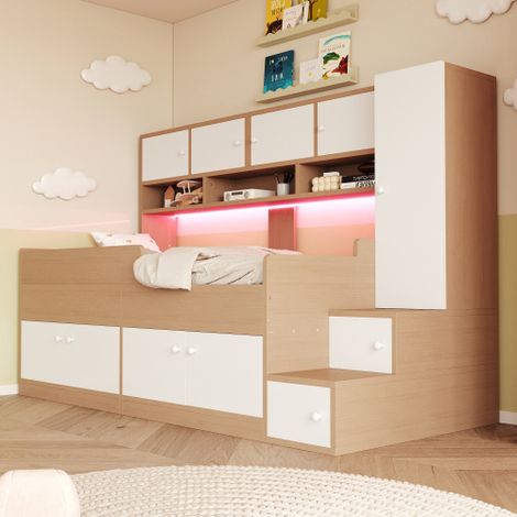 Lit enfant 90x200cm - avec espace de rangement - avec étagères - avec armoire - avec éclairage LED - naturel (matelas non inclus)