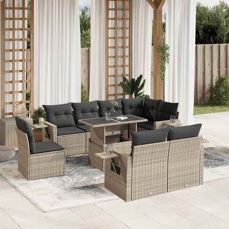 Set muebles jardín 9 pzas y cojines ratán sintético gris claro vidaXL (1/5)