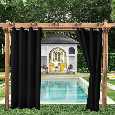 Set of 2 waterproof blackout curtains with thermal insulation and eyelets for indoor or outdoor use, porch, pergola, beach (black, 132 x 274 cm) (1/5)