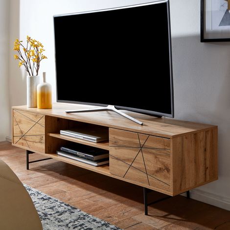 Meuble TV 2 portes 160x40x45 cm décor chêne et pieds en fer (1/5)
