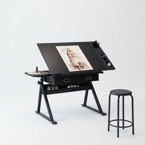ELVMI Bureau à Dessin Réglable avec 2 Tiroirs, Plateau Inclinable et Tabouret pour Bureau, MDF Métal, Noir (1/5)