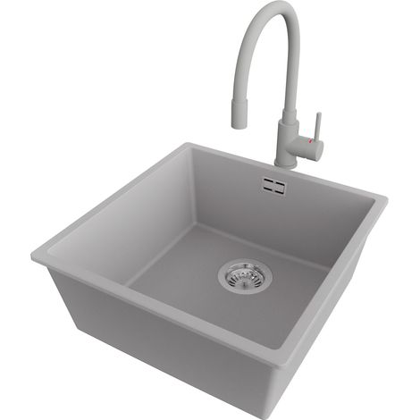 PRIMAGRAN Evier Cuisine en Granit 46x47cm,Lavabo 1 bac + Robinet 38x14cm + Kit de Vidage, Évier à Encastrer au meuble 50cm - London Slim, Gris (1/5)