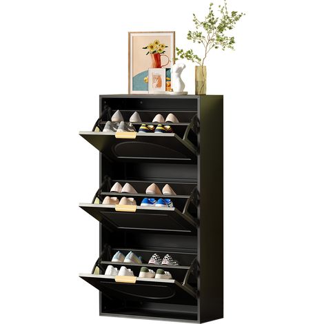 Meuble à chaussures étroit à 3 abattants, armoire à chaussures, commode à chaussures pour entrée et salon, noir, dimensions: 60 x 24 x 114 cm (OLD SKU N657P285156S)