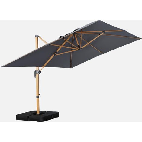 Parasol rectangular excéntrico poste efecto madera, 3x4m + placas de lastre 50x50cm