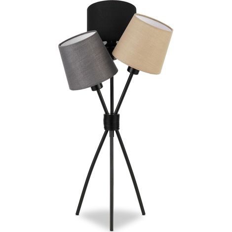 Lampe de table au look vintage – Lampe de bureau avec 3 abat-jours en lin noir, beige et gris – Lampe de chevet avec douille E14, H61 cm (1/5)