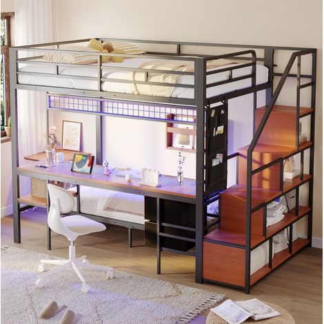 Cama alta de metal y madera negra 140x200/90x200 cm con escritorio, LED, enchufes y almacenaje (1/5)