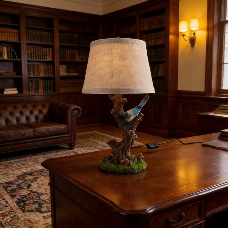 Tischlampe Landhausstil E27 mit Schalter, Vintage Nachttischlampe mit Kabel, Schreibtischlampe Aesthetic Lampenschirm mit Blumen- und Vogelmotiv und Ersatzschirm aus Leinen (1/5)