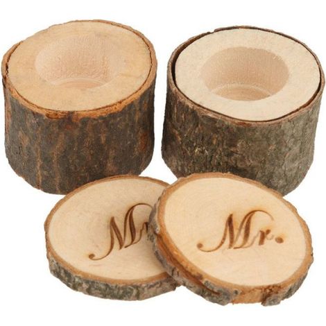 Boîte À Bagues - Bois Naturel - Design Shabby Chic Vintage - Pour Anneaux De Mariage - 2 Pièces (1/5)