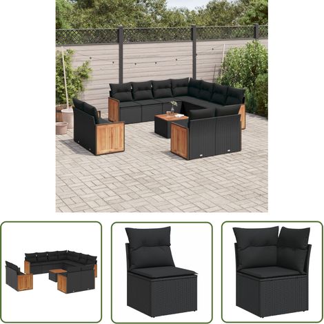 The Living Store Salon de jardin 12 pcs avec coussins noir résine tressée - Ensemble Salon De Jardin - Mobilier Extérieur - Jardin Design - Chaise Longue - Fauteuil Pliable (1/5)