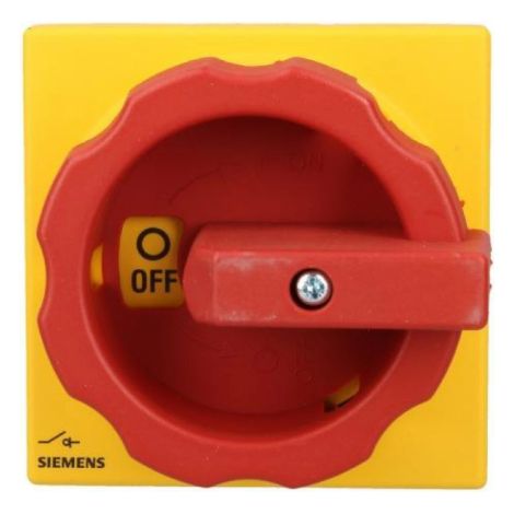 Interrupteur principal/de secours triphasé 125 A 45 kW AC23A 400 V, montage sur panneau, bouton jaune-rouge, 4 trous, 3LD2804-0TK53