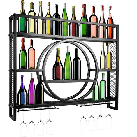 Casier à vin Mural 3 Niveaux 100cm acier Carbone Moderne Flottantes en Casier à Bouteilles Étagère À Vin Charge 50kg Support Verres 30 Bouteilles pour Maison Cuisine Bar (Noir,100x15x80cm) (1/5)