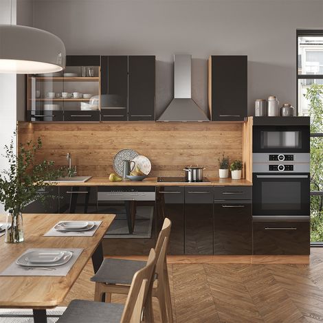 Küchenzeile Fame-Line, Anthrazit Hochglanz/Goldkraft Eiche, 300 cm mit Hochschrank, ohne Arbeitsplatte, Vicco (1/5)