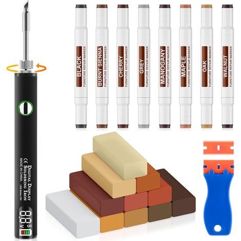 Kit de réparation pour sols en vinyle avec stylo chauffant amélioré – 11 couleurs de cire pour bois dur, 8 feutres de retouche à double pointe pour meubles, réparation de rayures sur sols stratifiés (1/5)