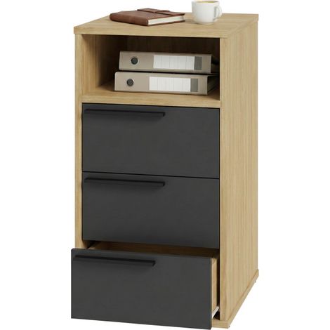 Caisson de rangement 3 Tiroirs 1 Niche Chêne et Noir L 35 H 63.5 P 38 cm (1/5)