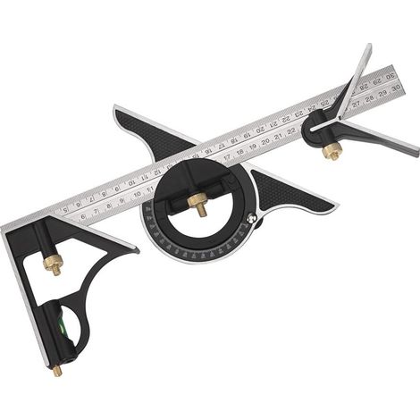 Droite 300 mm Équerre Combinée en Métal Règle de Menuiserie Multifonction Règle d'angle de Combinaison avec Rapporteur d'Angle à Niveau à Nulle Tête (1/5)