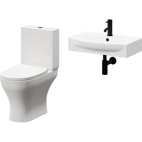 Wholesale Domestic Cambra 600mm Wall Hung Basin and Toilet Suite including Round Matt Black Bottle Trap and Open Back Toilet (1/5)