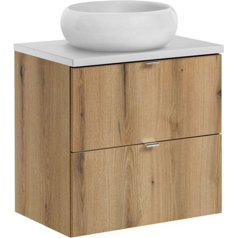 Set VANO Eichen- und Weißlook 60cm: Unterschrank mit Schubladen + Platte für Aufsatzwaschbecken + Rundes Aufsatzwaschbecken Weiß