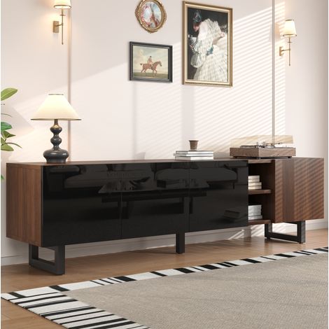 Mobile TV 180x38x50 cm nero e naturale con 4 ante, telaio in metallo e design senza maniglie (1/5)