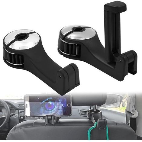 AIDUCHO 2-teiliger Kopfstützenhaken, 2-in-1-Auto-Kopfstützenhaken mit Handyhalterung, Autositztasche, tragbarer Organizer, Kleiderhaken (1/5)