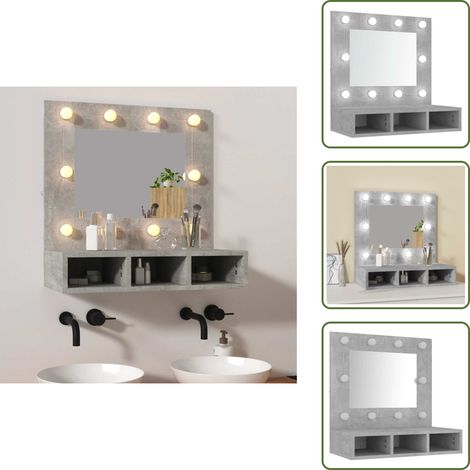 The Living Store Mueble con espejo y luces LED gris hormigón 60x31,5x62 cm - Armario con luces LED