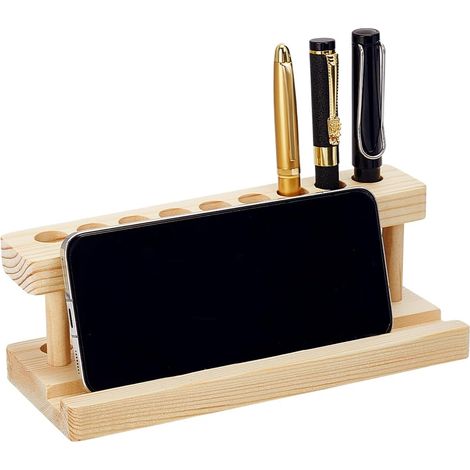 Présentoir à Stylos en Bois Porte Crayons en Bois pour Bureau Organiseur Massif avec 9 emplacement et Support pour Téléphone pour L'École le Bureau et la Maison 20x8x6.8cm (1/5)