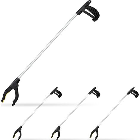 Relaxdays Litter Picker, 4x Set, Grip & Grab Aid, Leaf Grabber, Reacher, Claw Tool, 76 cm, Aluminium, Black/Silver