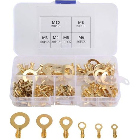 SABIR 150pcs Kit Cosses Electrique Ronde en Laiton Cosse à Sertir M3 M4 M5 M6 M8 M10 Cosse Batterie pour Moto/Voiture/Modélisme/Bateau/Connecteur de Câble (1/5)