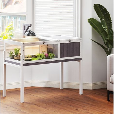 Maison pour tortues 104x53x82 cm en bois blanc/gris, modulable pour intérieur, FloraGrace (1/5)