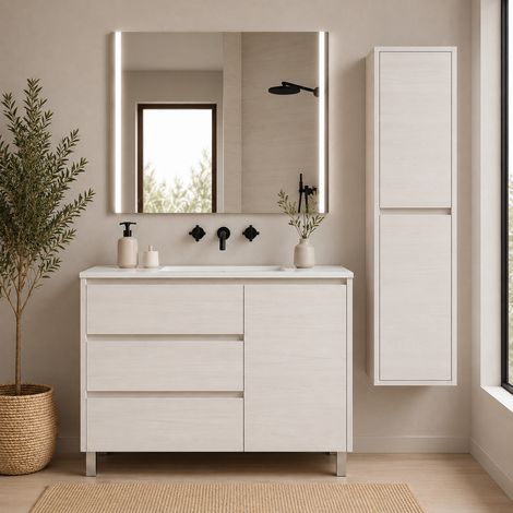 Mueble de baño con 3 cajones, puerta y lavabo ORIGENBATH VOLUM sin espejo 80x40 cm blanco nórdico con columna (1/5)