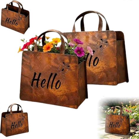 Jardinière métal rustique forme sac à main style ferme vintage double face marron lot de 2 (1/5)