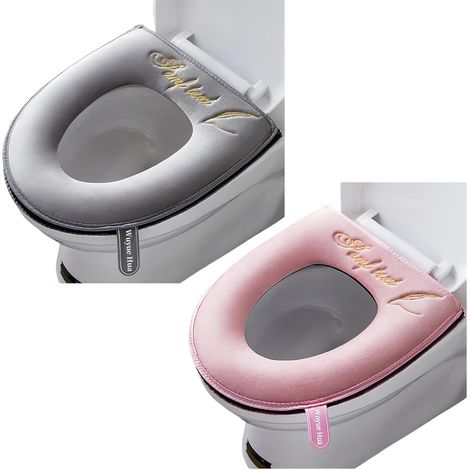 Lot de 2 housses de siège de toilette souples avec poignée - Coussin doux et épais - Lavable - S'adapte à tous les sièges de toilette ovales (gris + rose, fermeture éclair) (1/5)