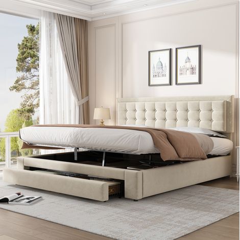 Lit coffre 180x200 cm en velours beige avec tête de lit réglable, rangement hydraulique et tiroirs, cadre stable à 3 pieds métalliques pour chambre élégante - CHICFURN (1/5)