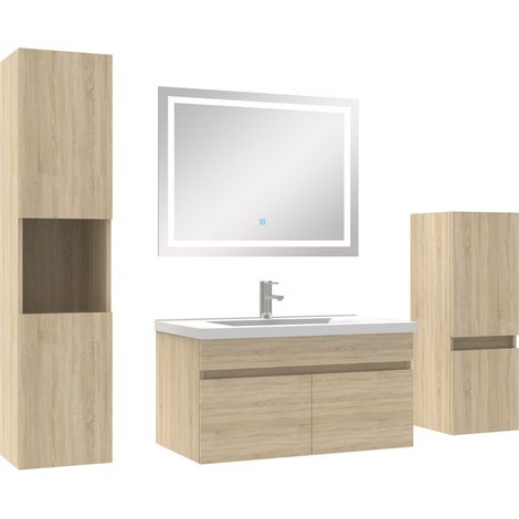 Acezanble meuble Salle de Bain 80cm simple vasque + colonne + miroir LED Chêne Wotan (1/5)