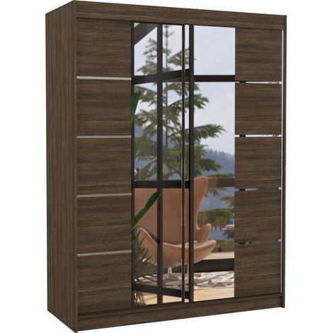 Armoire de chambre 2 portes coulissantes bois marron et miroir Norka 150cm (1/5)