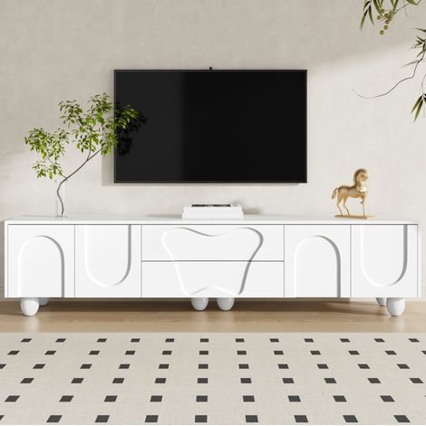Meuble TV en panneaux de particules blanc avec pieds en bois massif, 180 x 40 x 42 cm, rangement intégré (1/5)